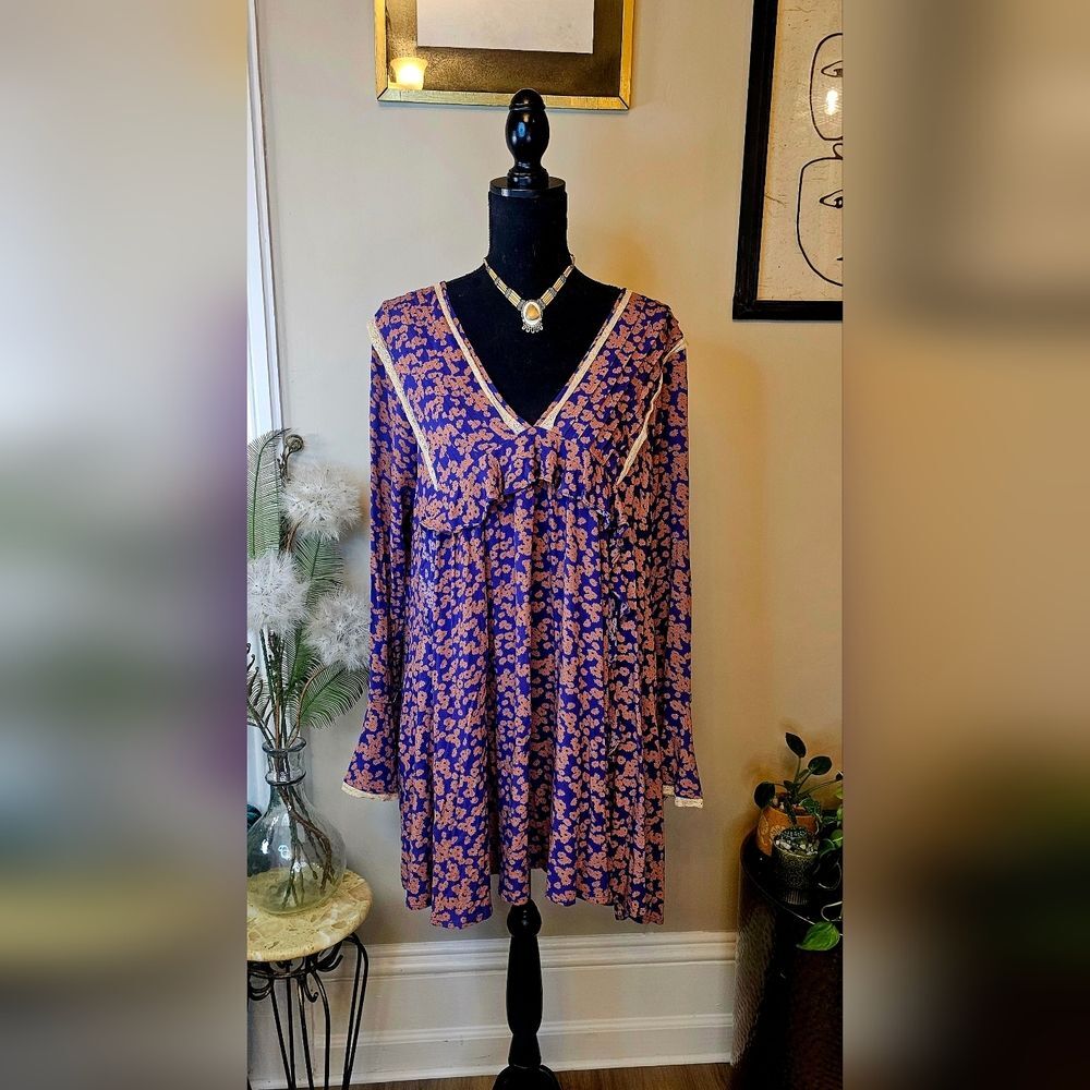 Vibrant Burnt Orange And Indigo Babydoll Dress W/ V-neck & Long Sleeves